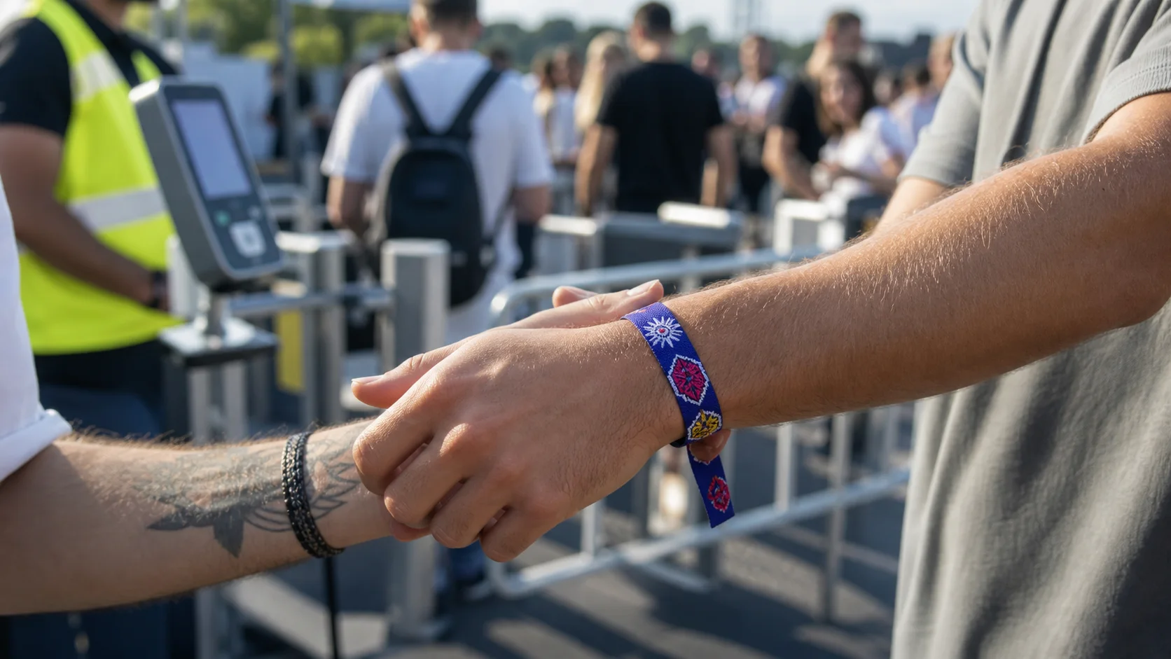 Pulsera bordada azul colocada en la entrada de un evento