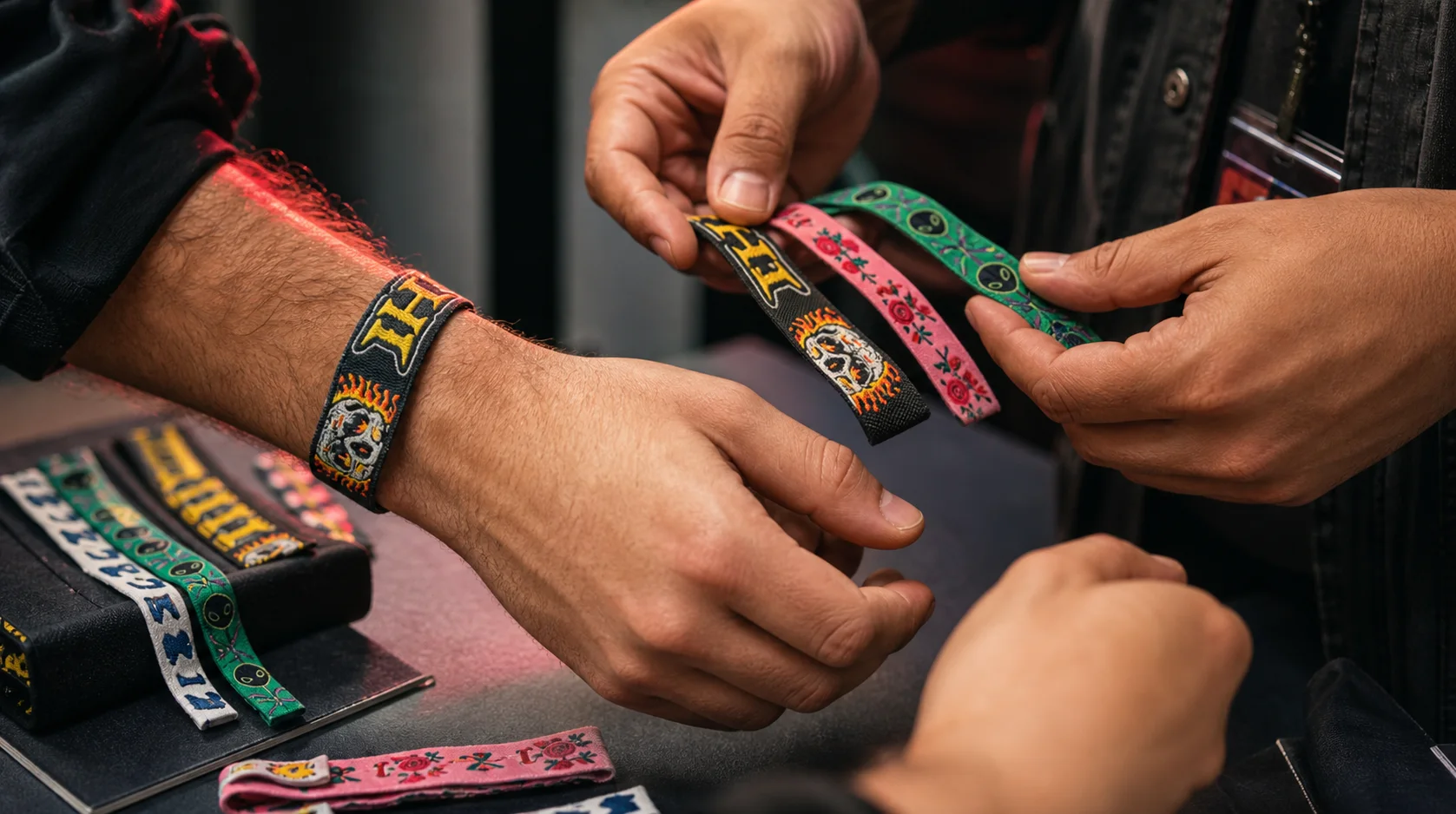 Pulsera bordada puesta mientras se revisan otras muestras personalizadas
