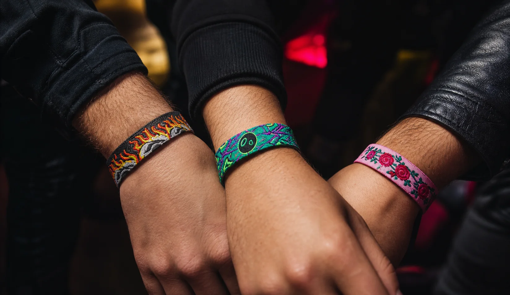 Personas usando pulseras bordadas personalizadas en un evento